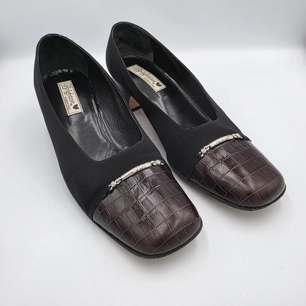 Brighton Gail Women 10 SquareToe Pumps Black Nylon Brown Faux Embossed Crocodile